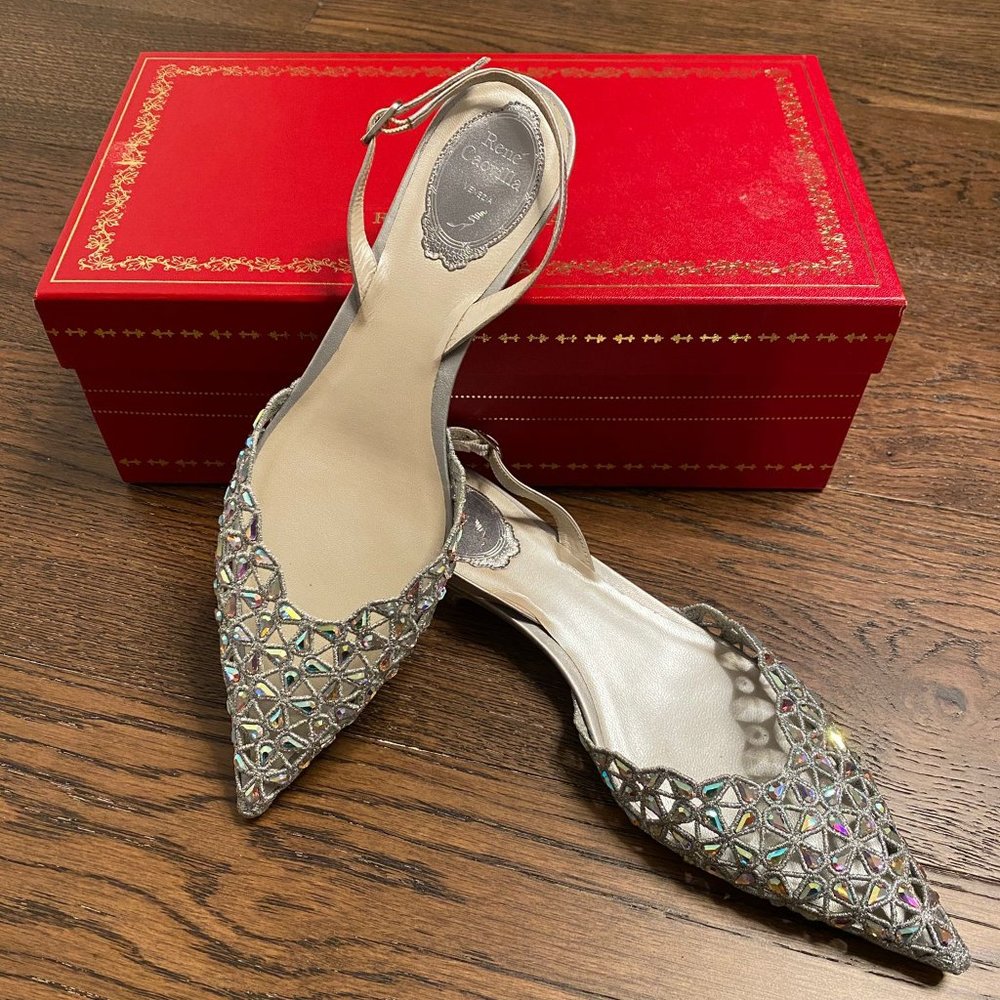 RENE CAOVILLA SILVER CRYSTAL STONES SOPHIA FLATS Size 8.5